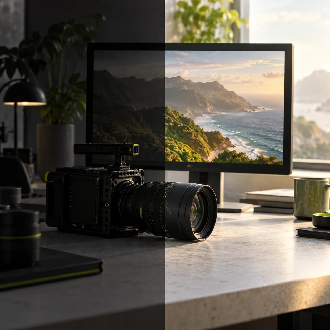 Before and after lighting treatment on a cinematic camera scene