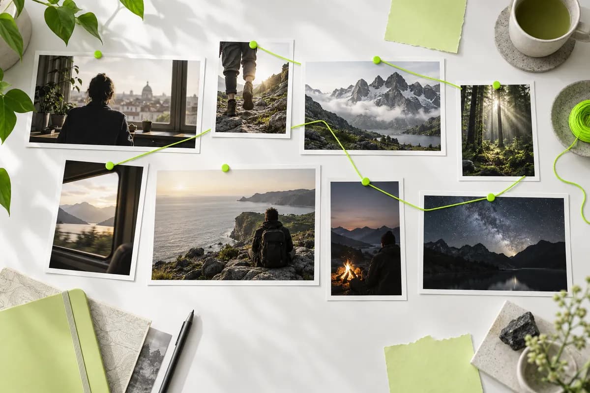 Abstract scene cards arranged in a storyboard sequence with lime accents