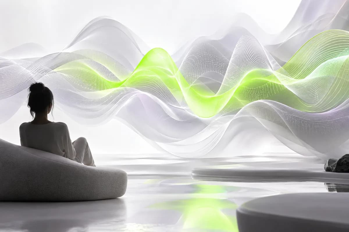 Abstract sound design composition with waveform ribbons and a bright lime voice pulse