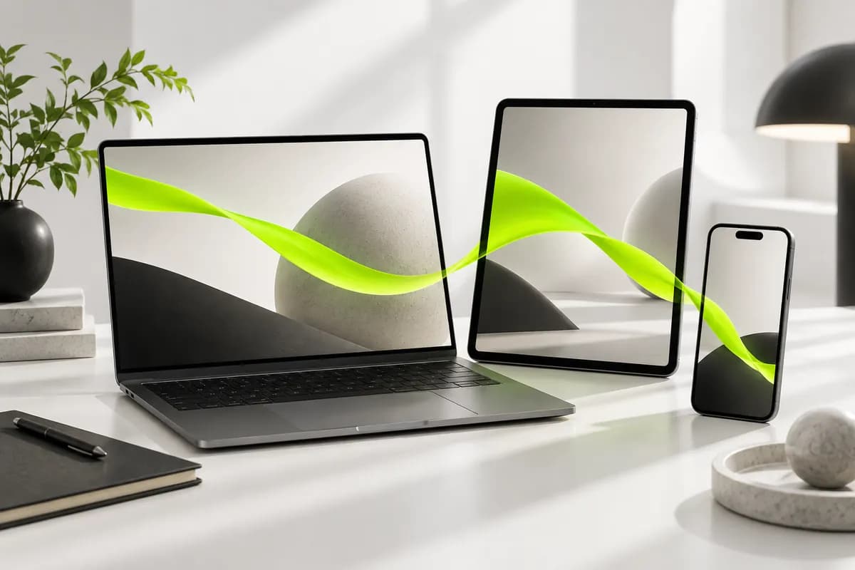 Abstract multi-device creative workspace showing a video project flowing across screens