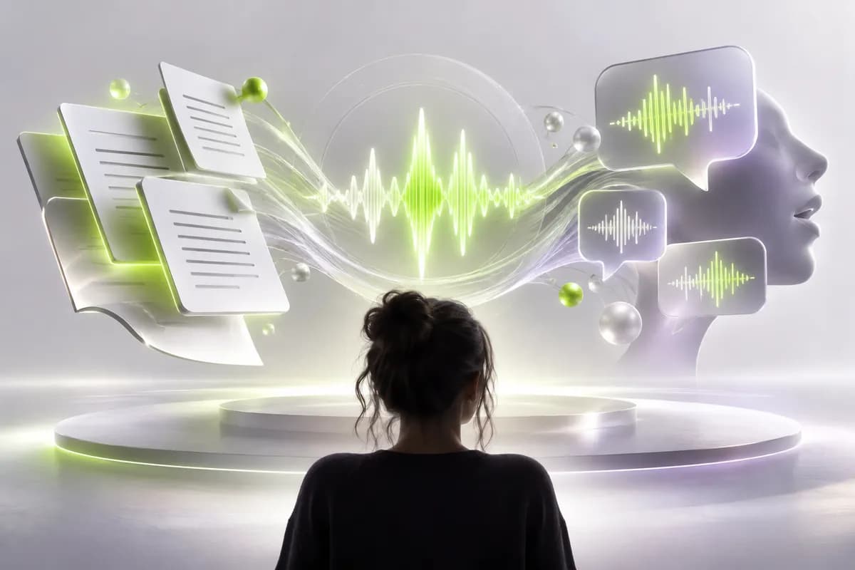 Abstract audio waveform and glowing speech elements representing AI narration