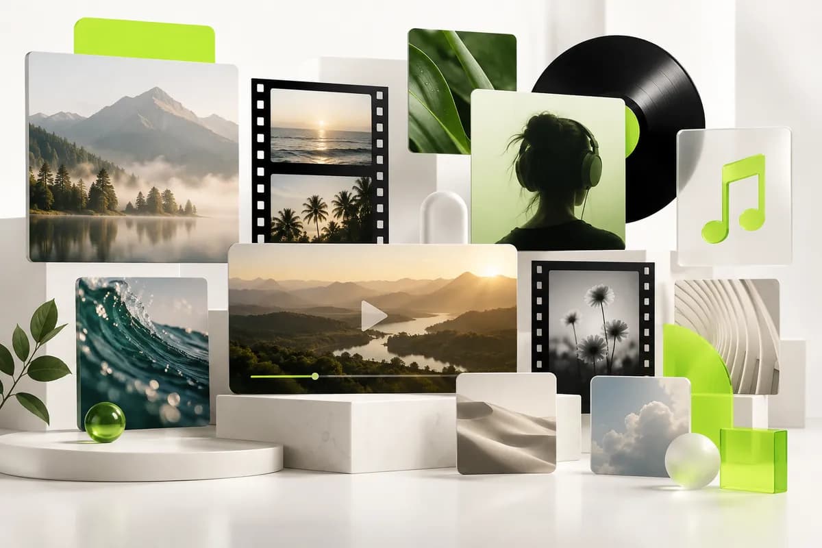 Curated abstract media tiles representing stock footage, music, and visual assets