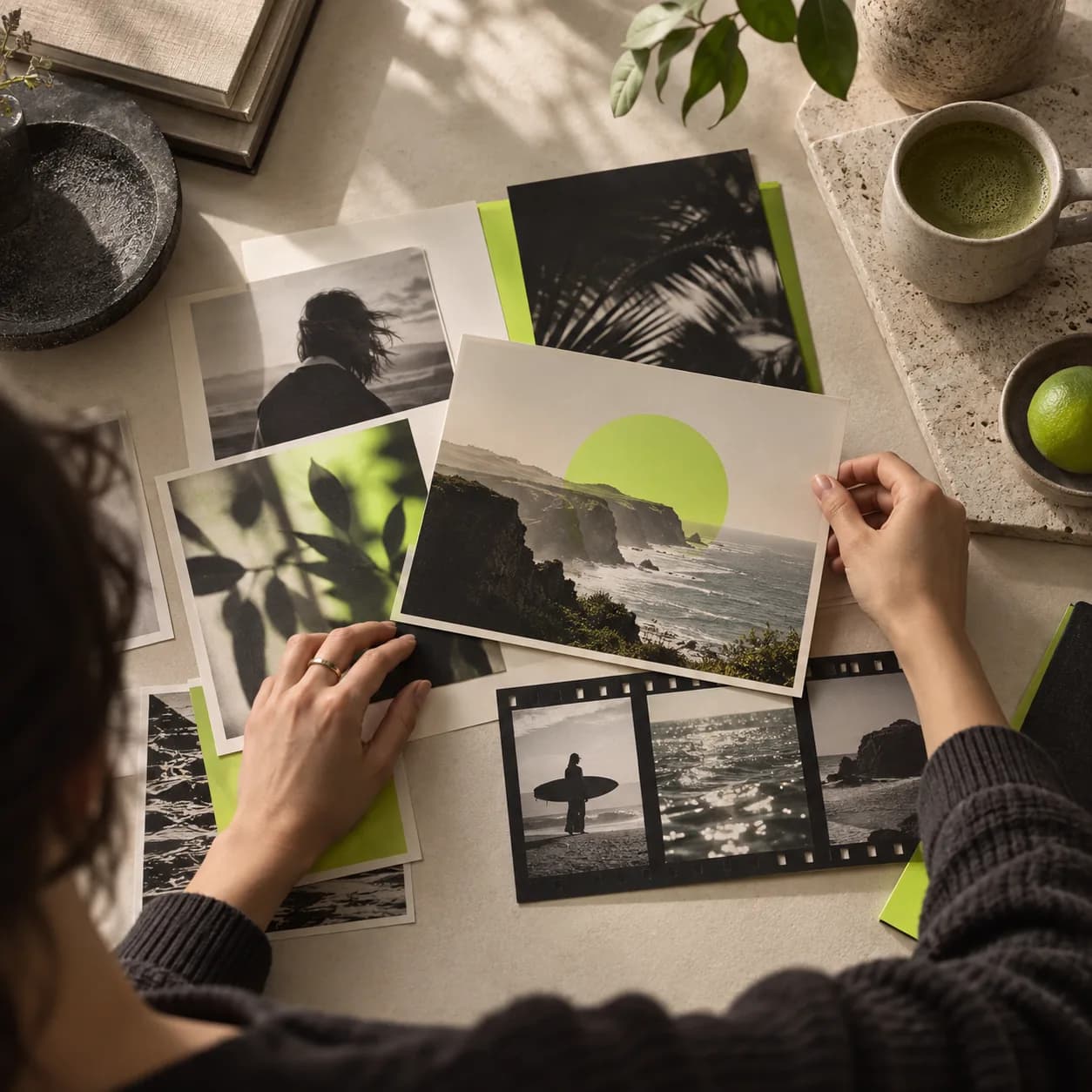 Warm studio scene with cropped hands arranging layered video frames around a modern editing workspace.