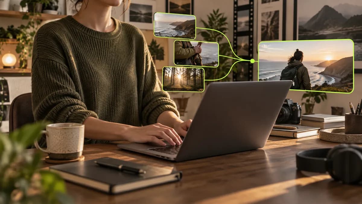 Cropped creator in a warm studio surrounded by layered video clip previews.
