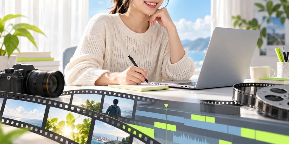 Cropped student and desktop editing setup with a bright timeline motif.
