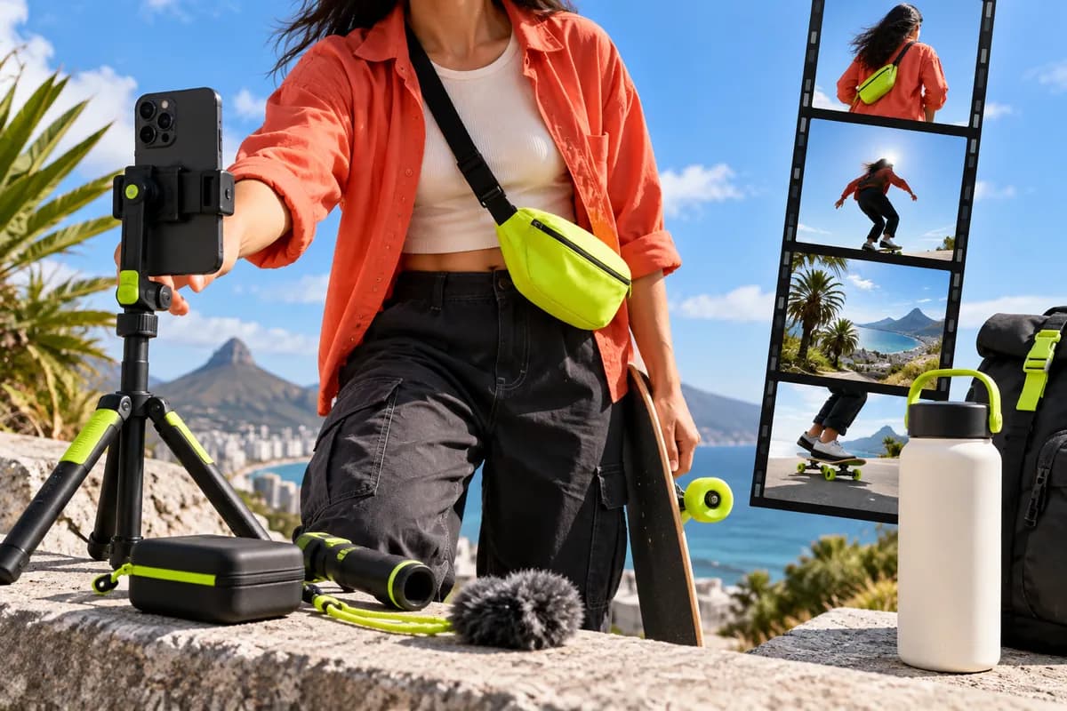 Cropped social creator with colorful vertical film frames and editing tools.