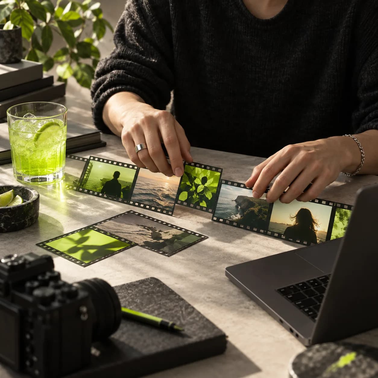Abstract video creator workspace with cropped hands, layered film frames, and a lime accent on a warm neutral background.