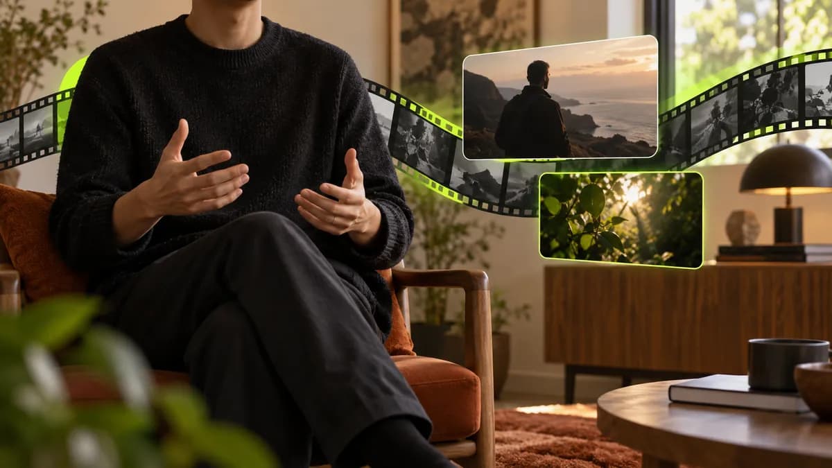 Cinematic video editing walkthrough with a cropped presenter, layered clip previews, and a lime play accent.