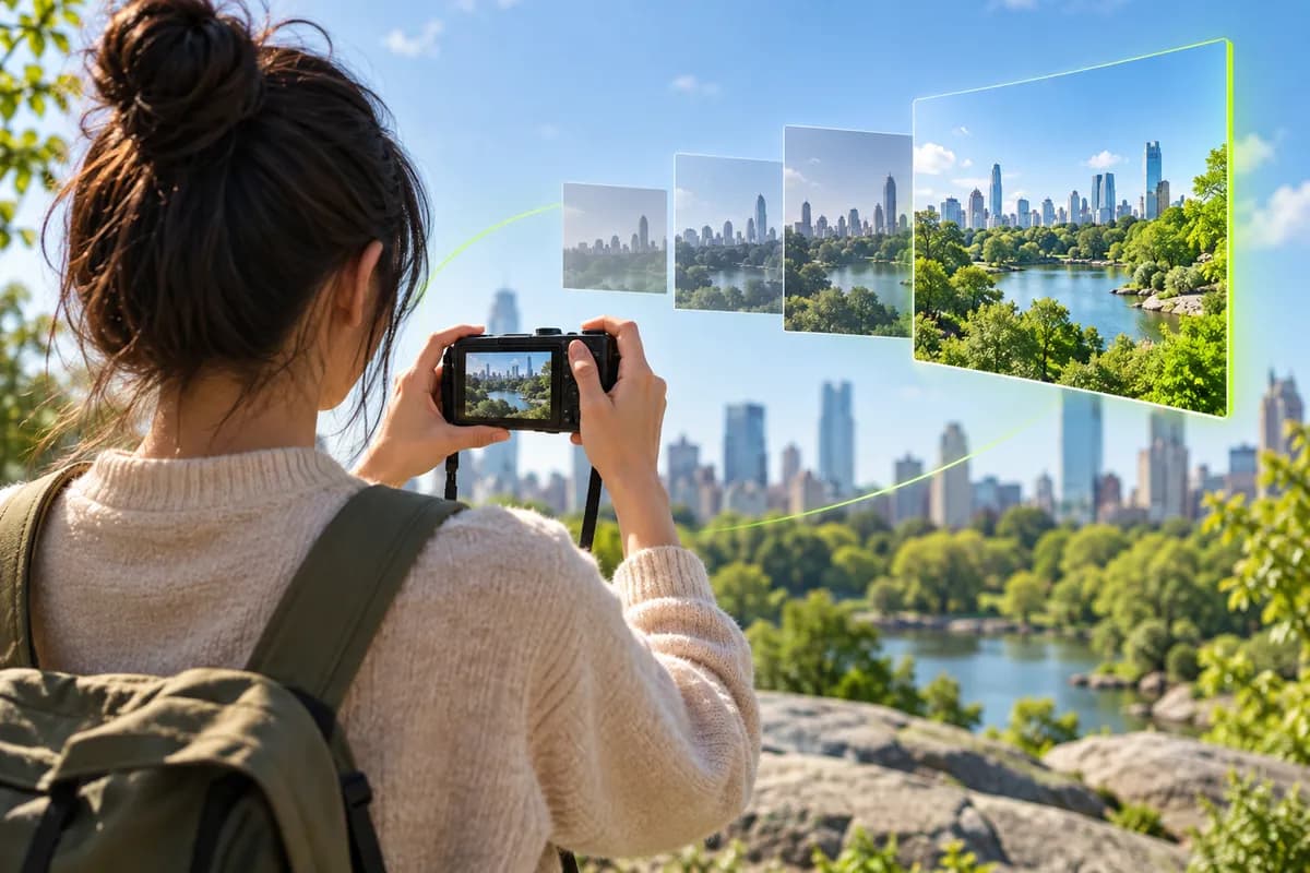 Creator working outdoors while a browser video timeline is represented through layered screens