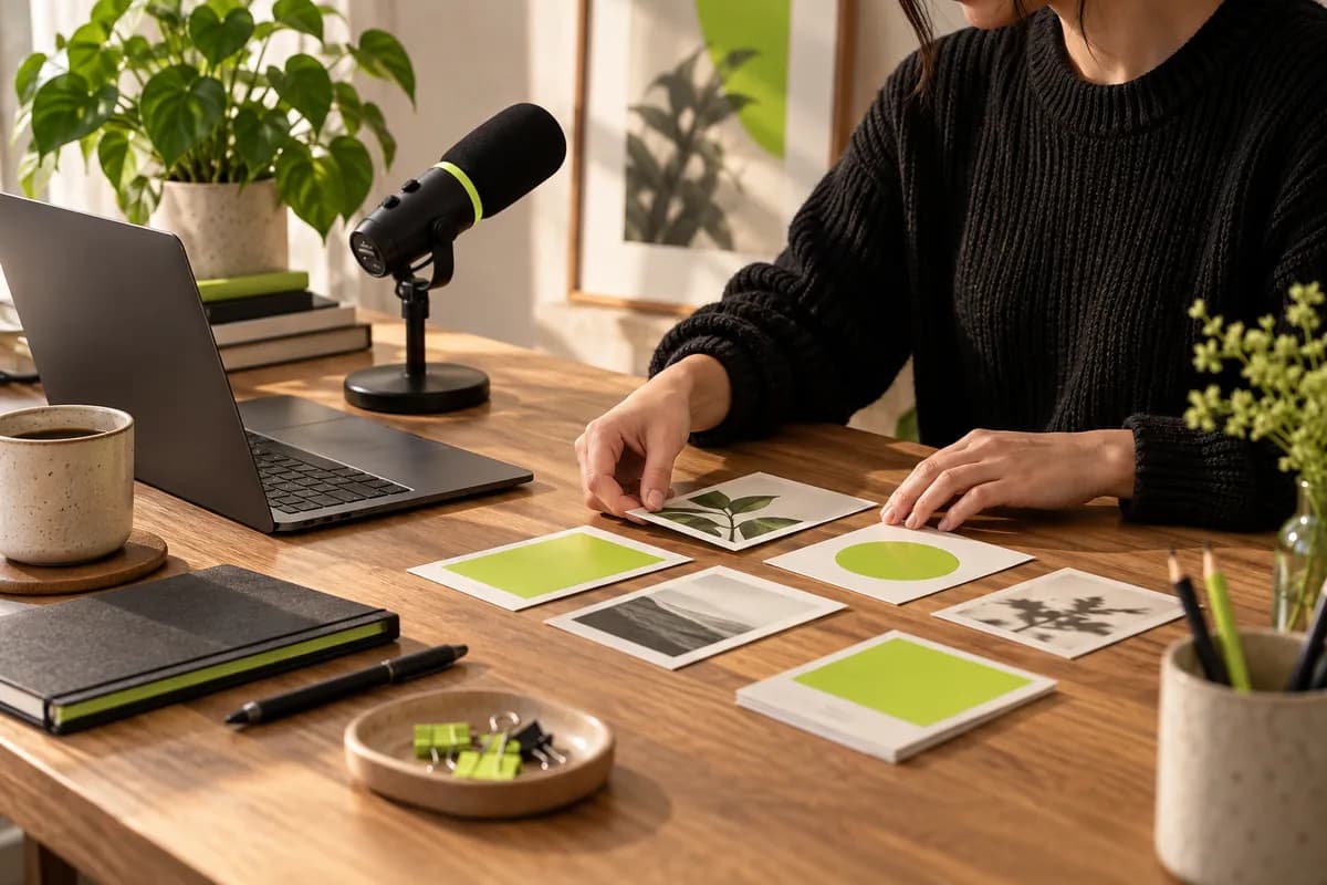 Hands arranging caption cards beside a softly lit video editing workspace