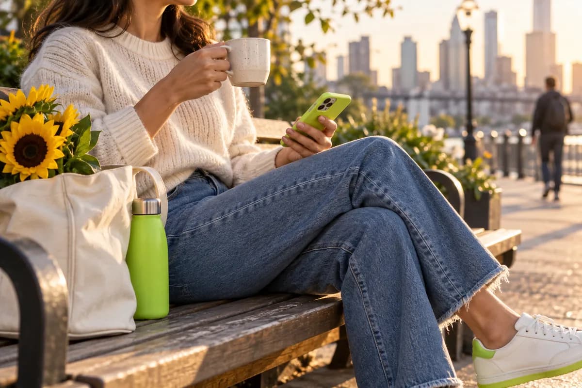 Creator relaxing outdoors with a phone and a cup while watching a video