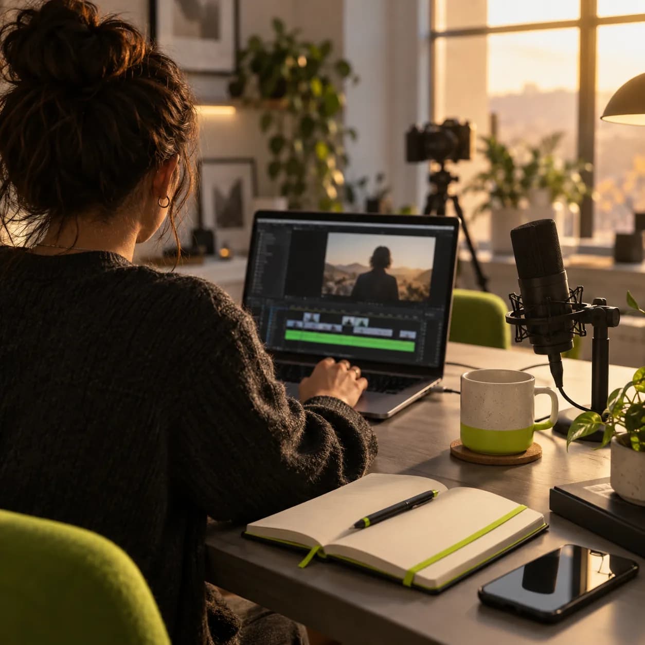 Creator preparing a video at a warm studio desk