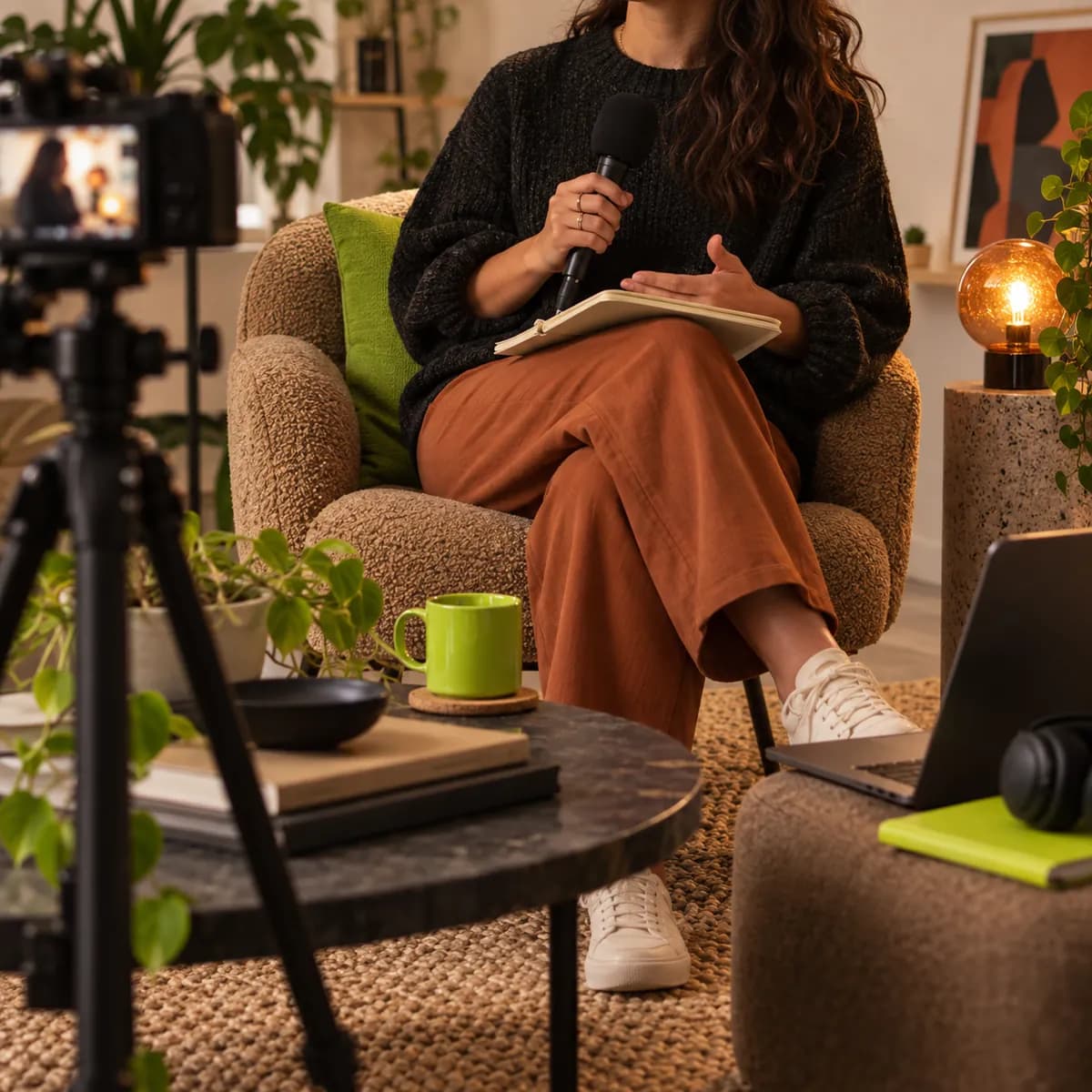 Abstract creator studio scene with warm light and recording equipment