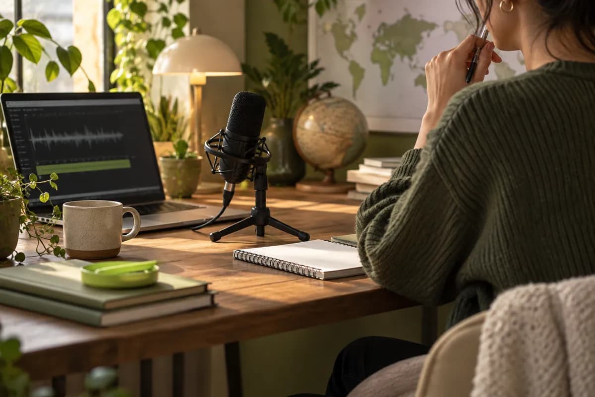 Creator preparing a multilingual interview recording in a softly lit studio