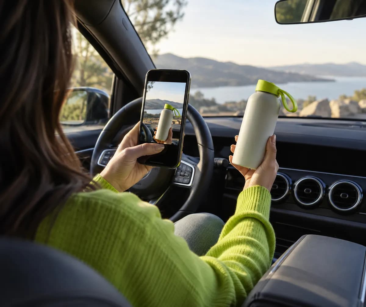 Cropped creator recording a short video inside a parked car