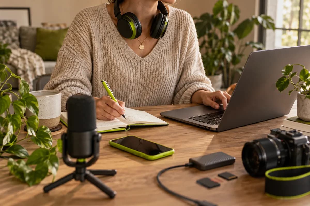 Creator repurposing a recorded conversation at home