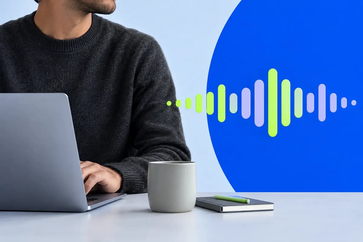 Abstract transcription artwork with a speaker portrait and colorful text panel