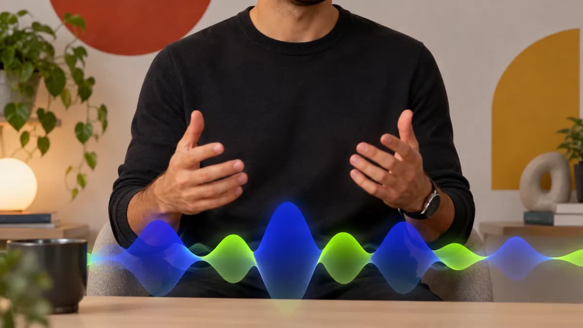 Abstract video lesson scene showing a speaker and a colorful audio waveform