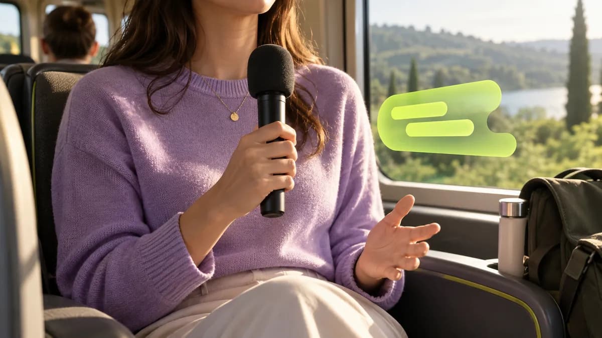 Anonymous presenter cropped below the chin speaking into a microphone in a sunlit vehicle