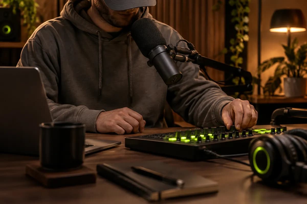 Anonymous audio creator cropped below the chin working beside a microphone in a warm studio