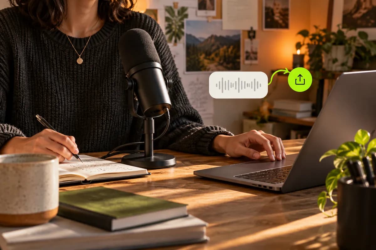 Anonymous creator cropped below the chin reviewing subtitles beside a studio microphone