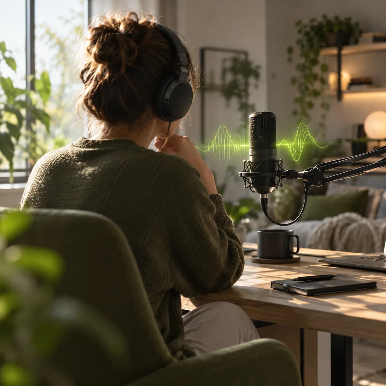 Anonymous creator recording audio beside a studio microphone with lime sound-wave accents