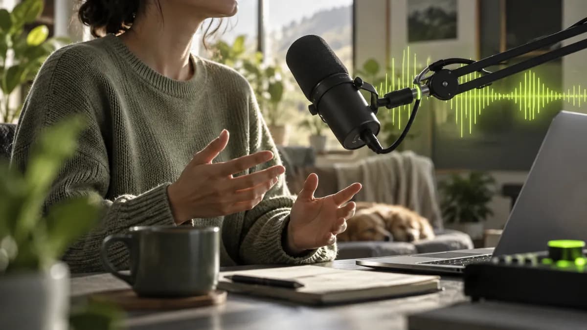 Anonymous podcaster cropped below the chin in a bright home recording studio with a microphone