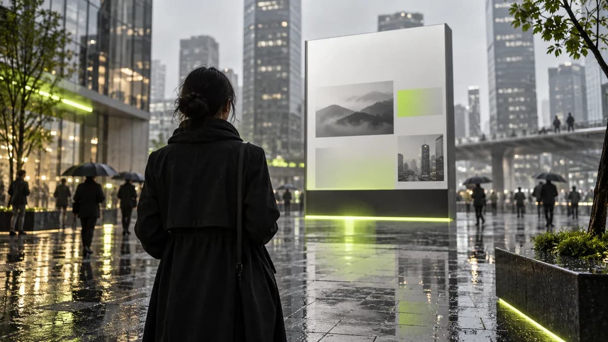 Anonymous presenter shown from behind in a rainy city square with a translation preview motif