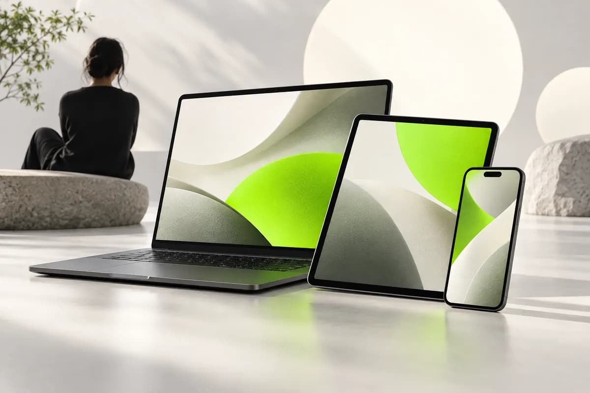 Laptop, tablet, and phone arranged together to represent a flexible browser-based video workspace.
