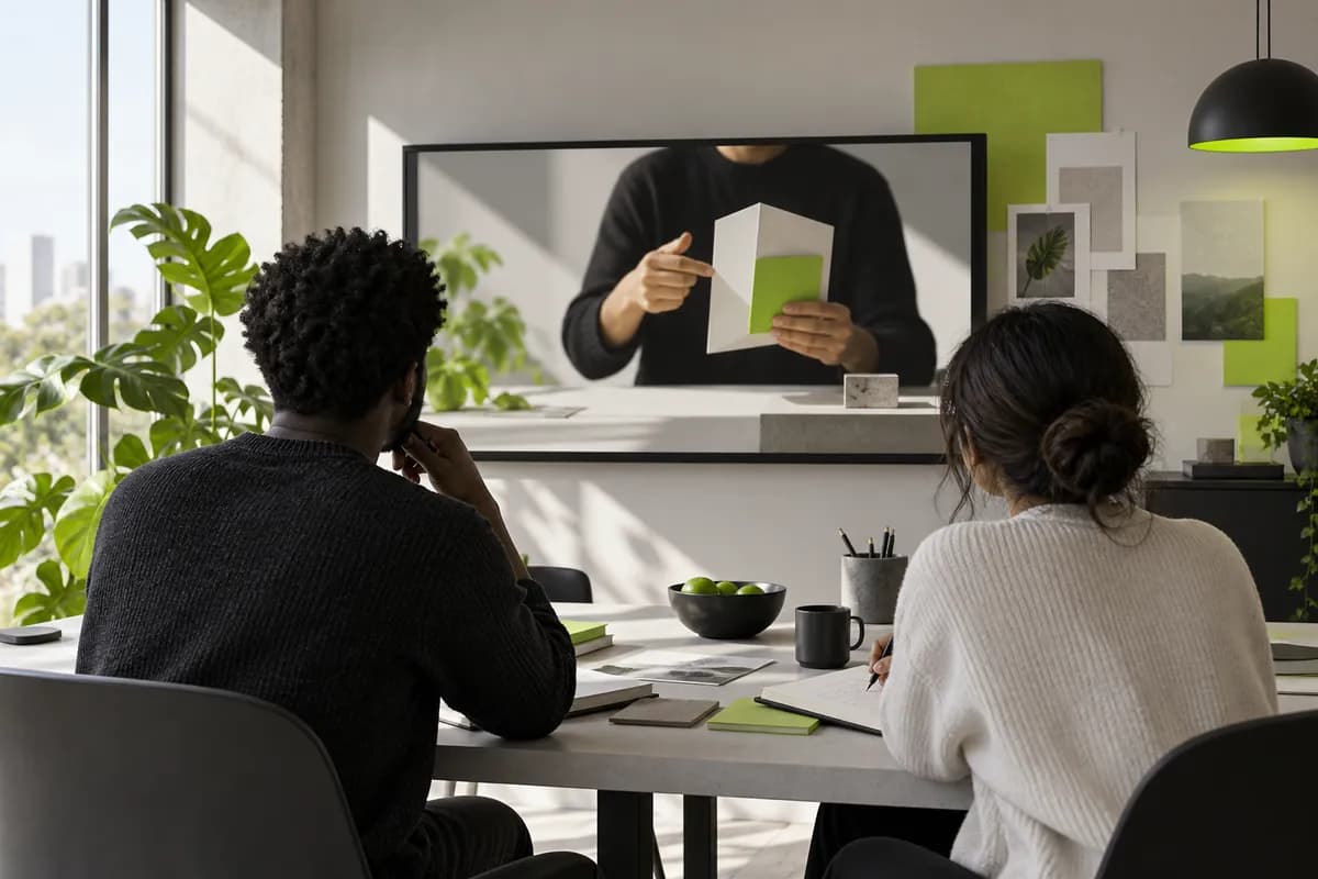 Two collaborators seen from behind reviewing a shared video lesson on a large neutral display.