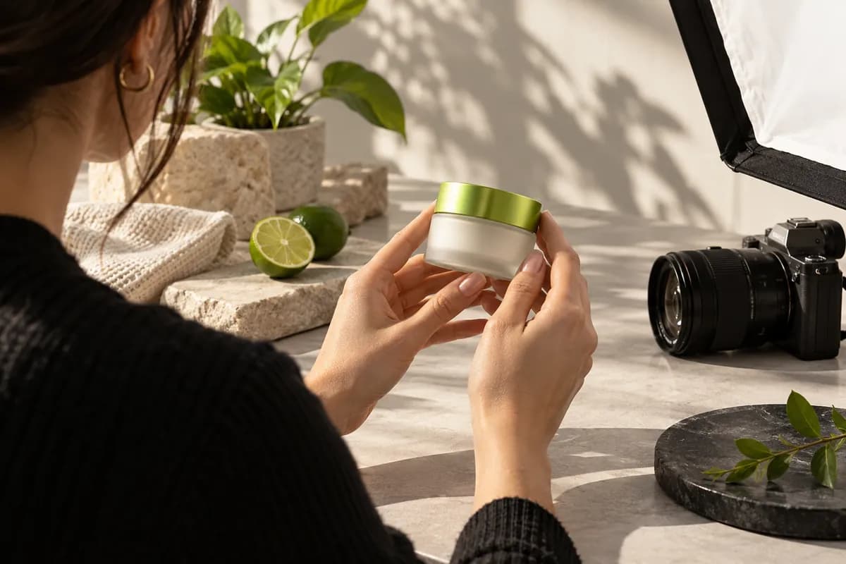 Hands demonstrating a small beauty product beside a compact camera in a sunlit studio.