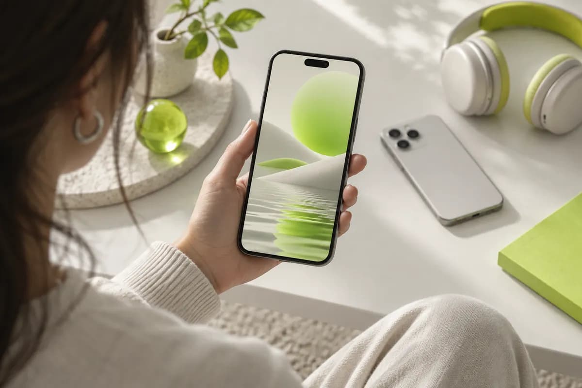 A hand holding a modern phone with a colorful vertical creator video composition in a bright studio.