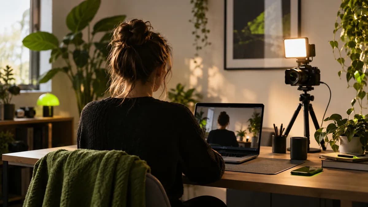 A creator seen from behind while recording a polished webcam tutorial in a warm home studio.