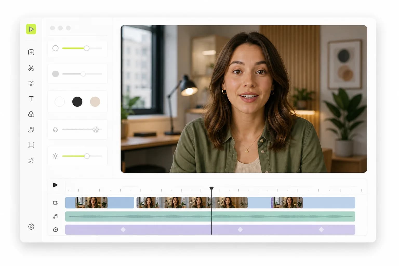 The Vidione editor: a script, a character and a voice on the left, the video on the stage