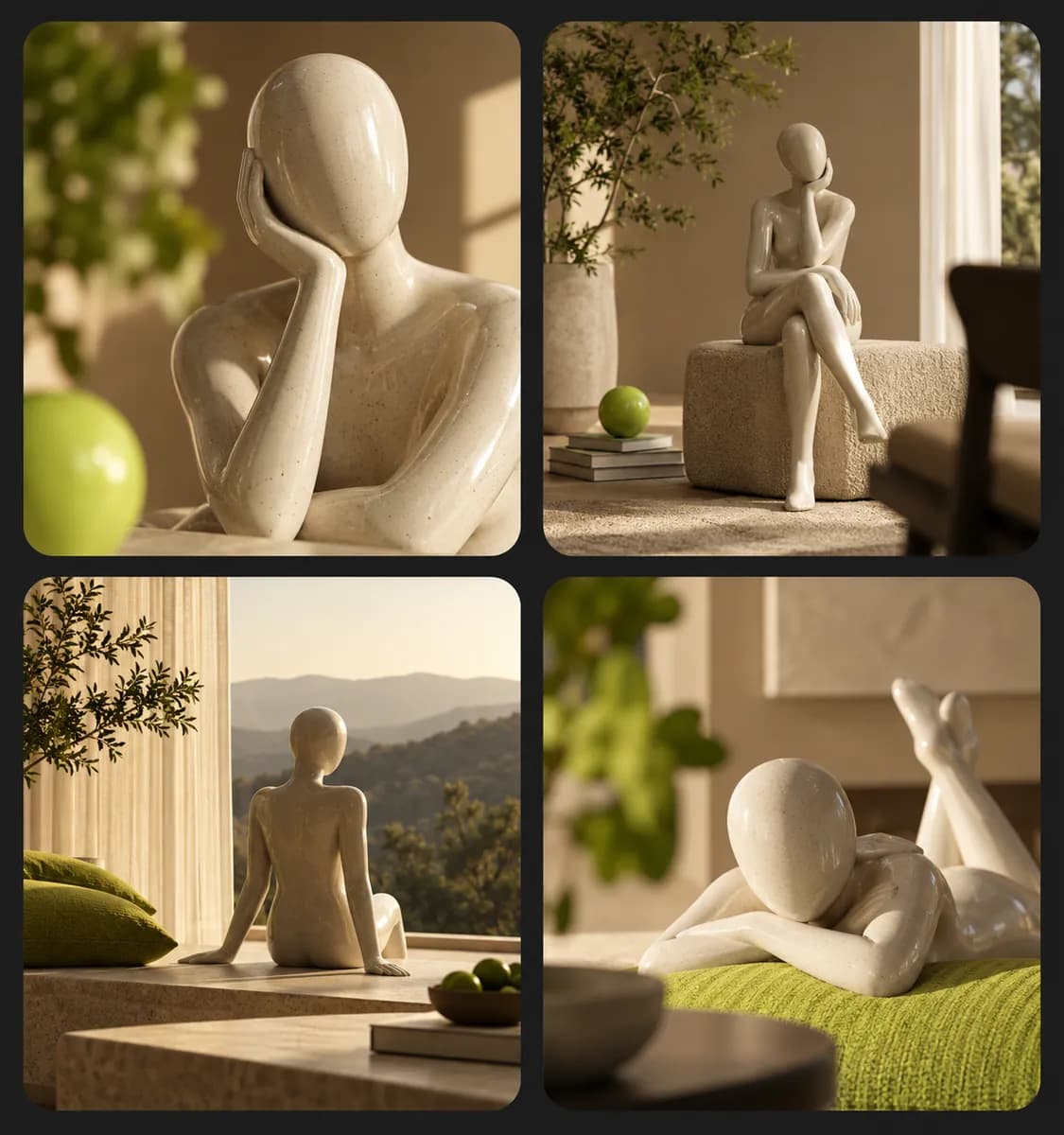 Four framed views of a faceless ceramic studio mannequin in different compositions