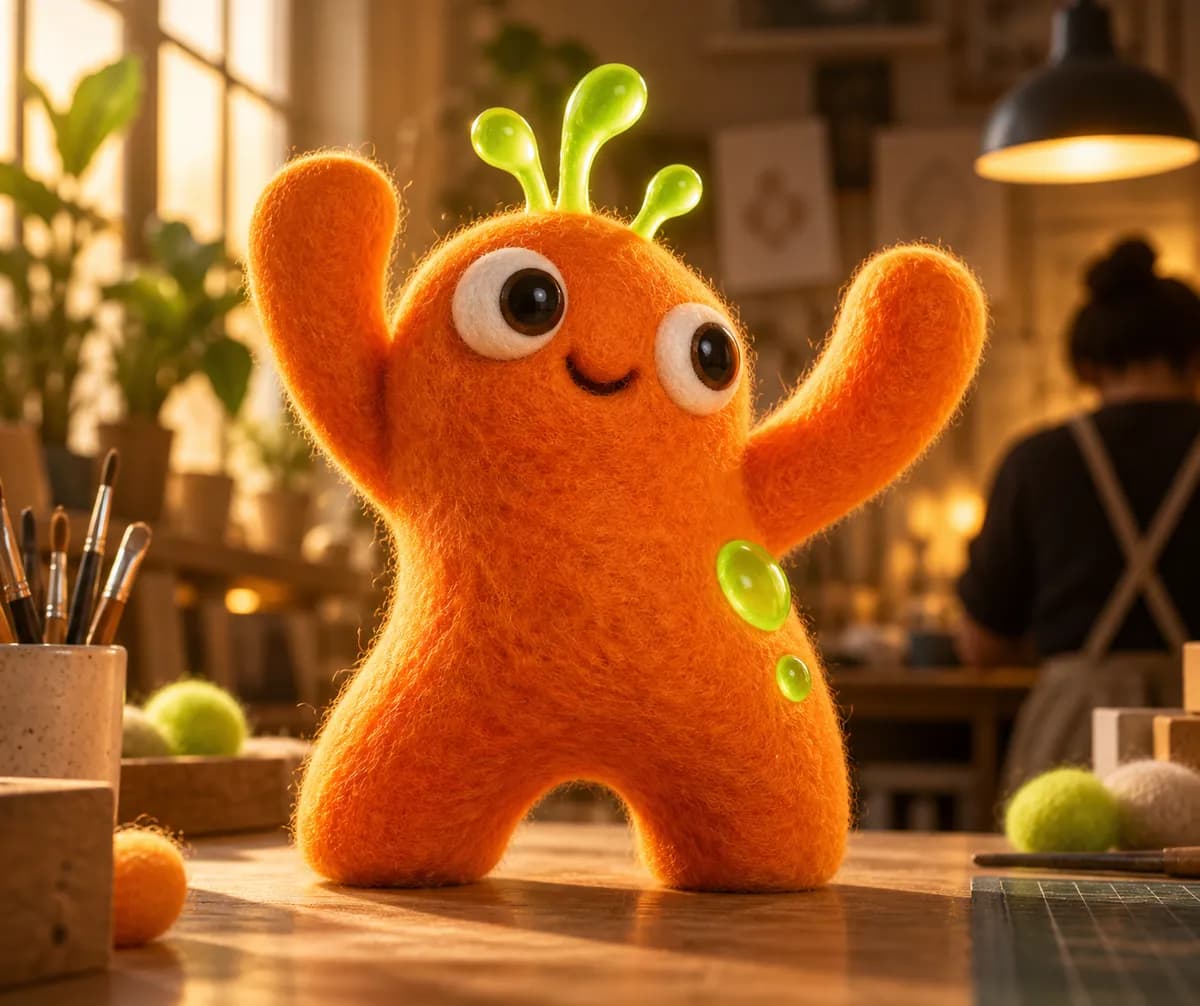 Bright orange felt sculpture with lively raised arms in a warm studio