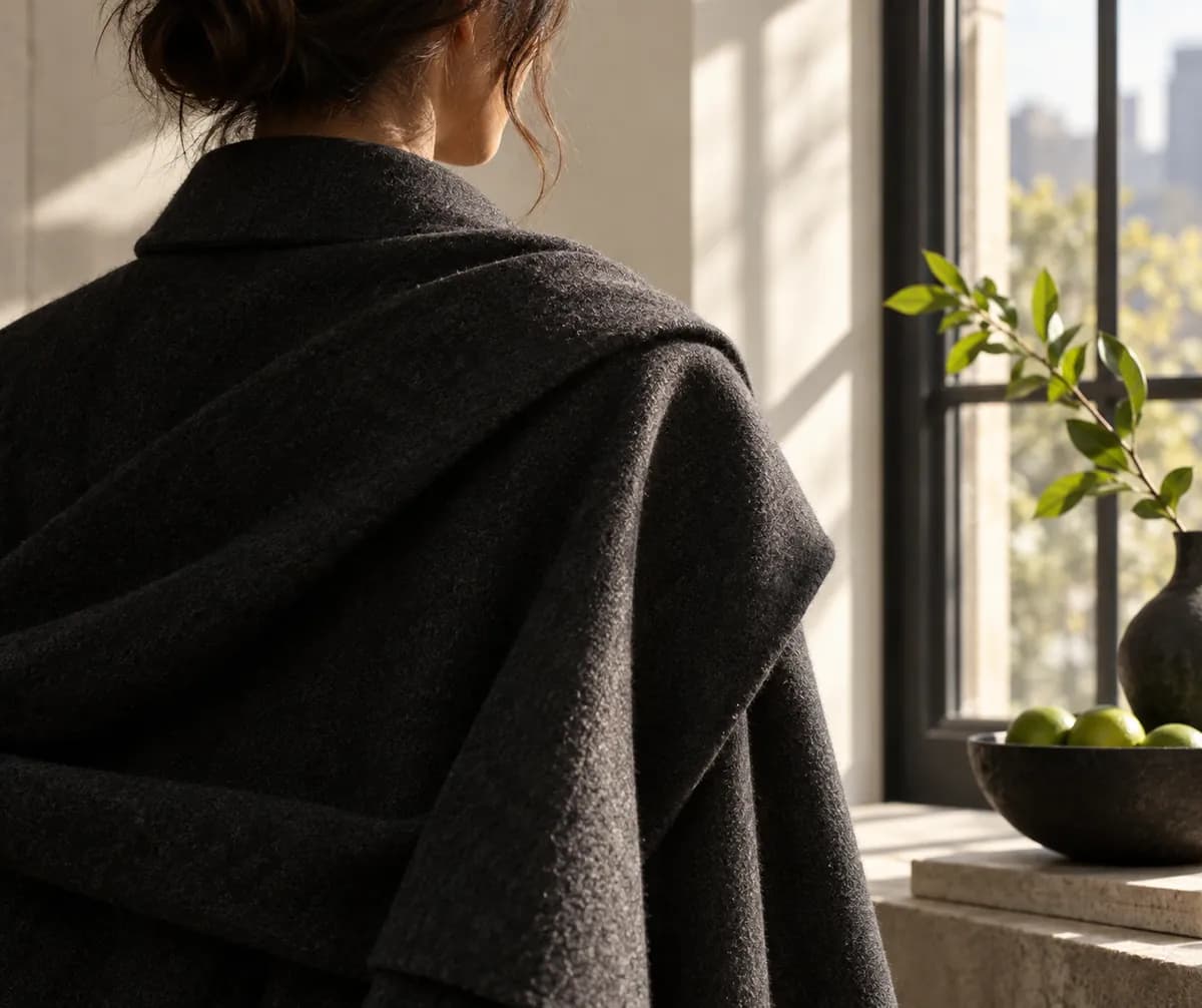 Close-up of charcoal fabric and a sunlit window in a quiet recording space