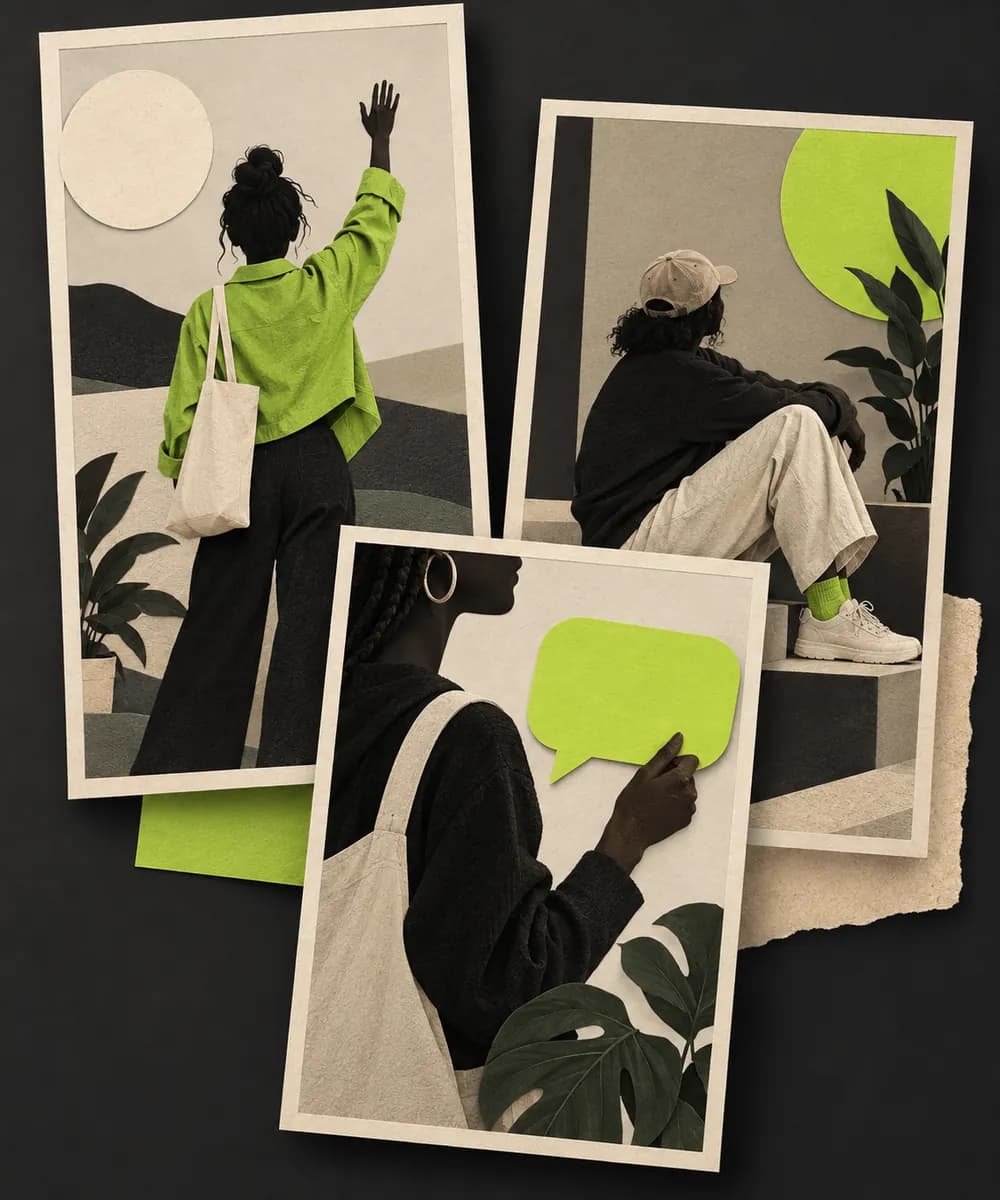 Layered vertical creative frames with abstract paper performers and a lime accent