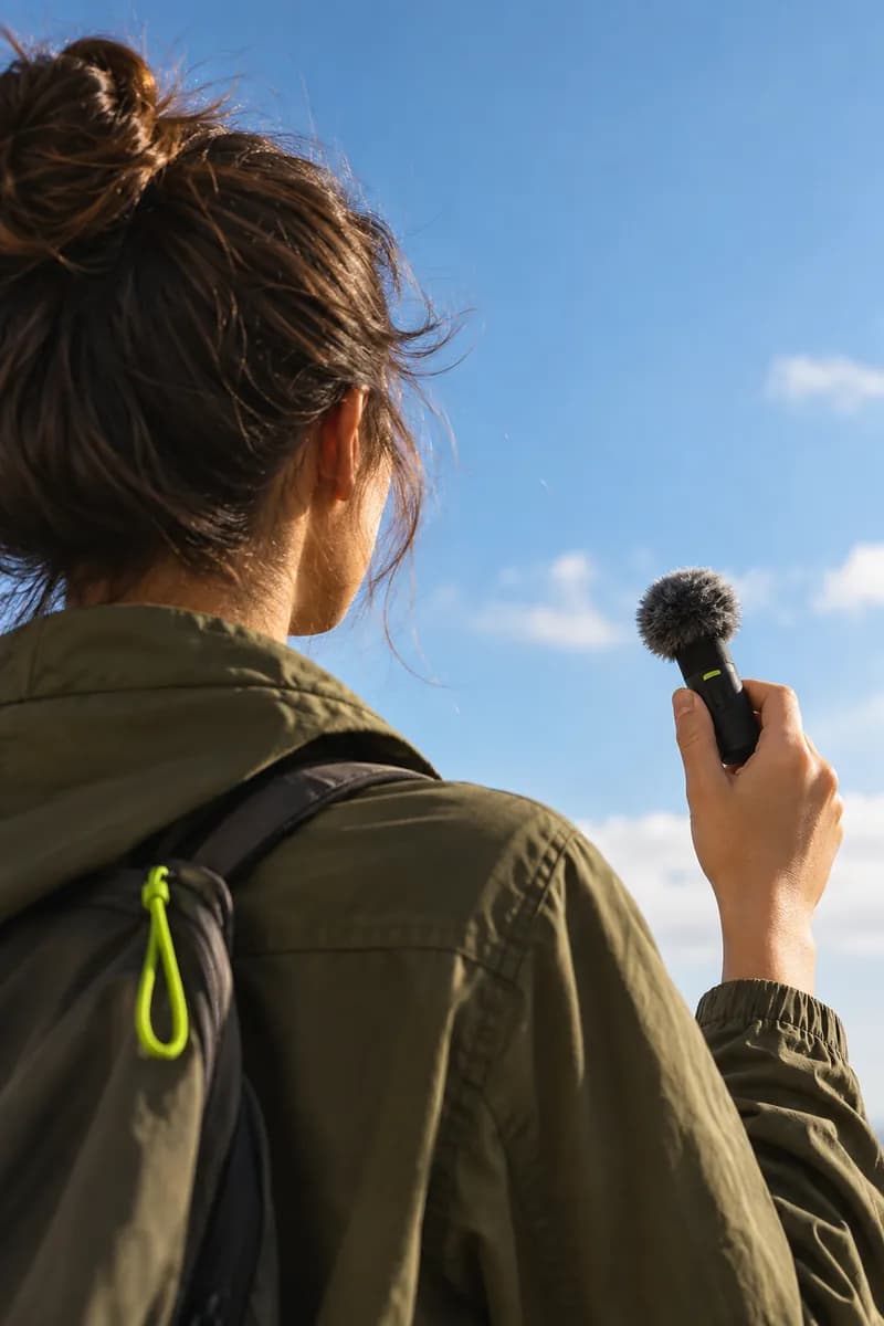 Person seen from behind in an olive jacket holding a microphone outdoors