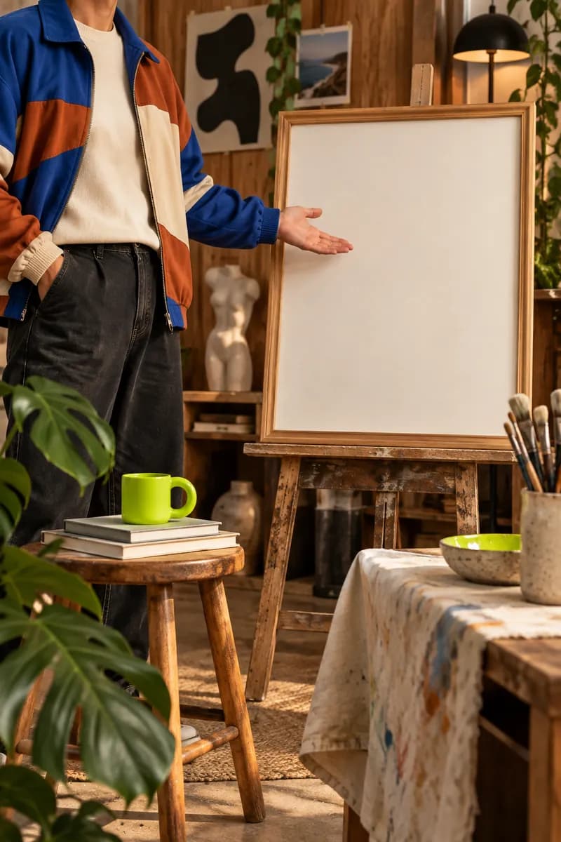 Cropped creative director in a colorful jacket gesturing toward a blank frame