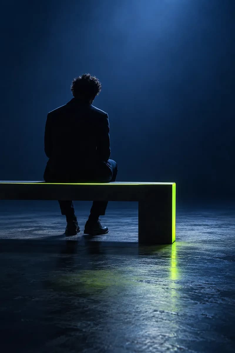 Person seated in a dark blue studio shown in silhouette from behind