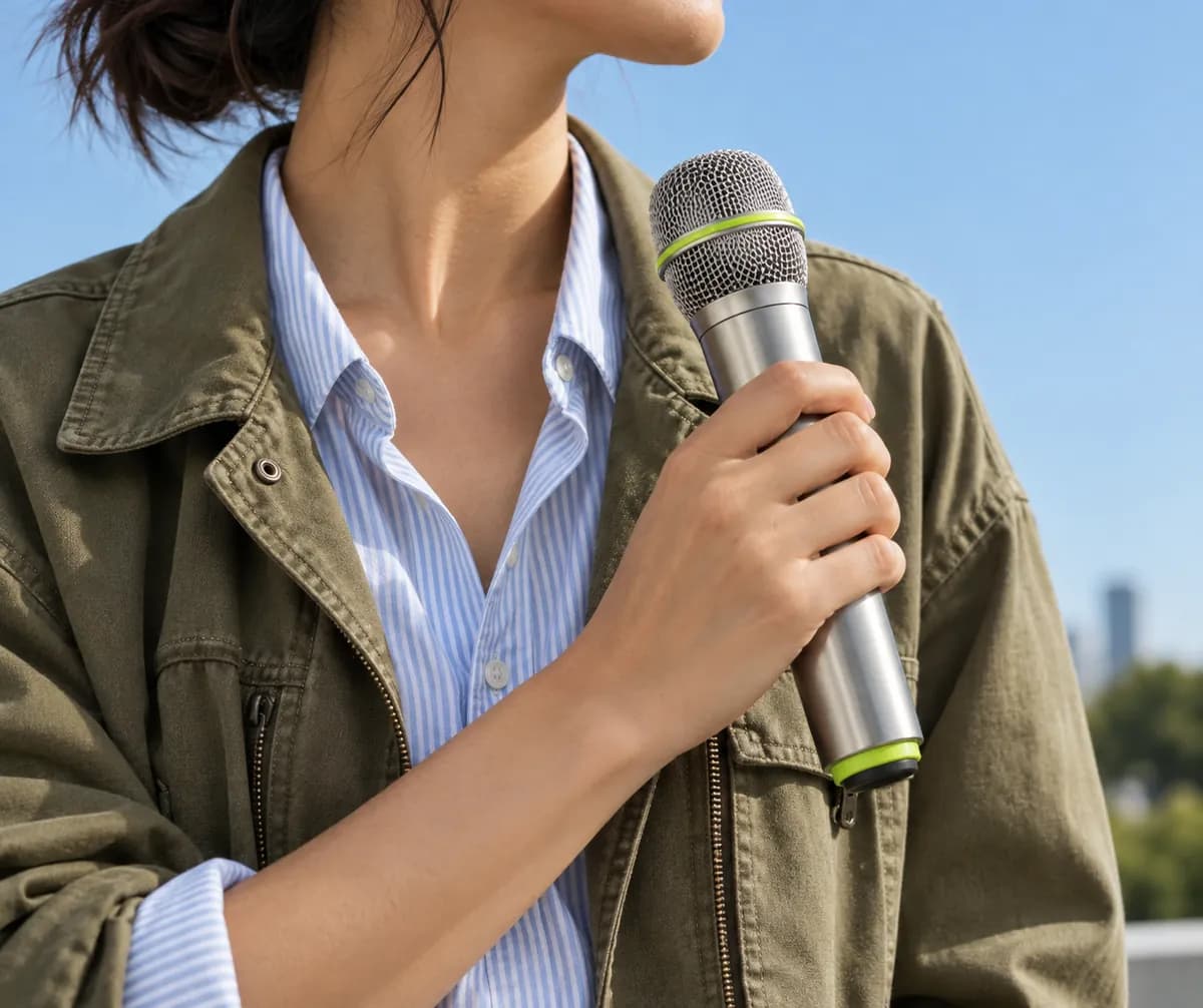 Cropped editorial marketing scene with a hand holding a studio microphone