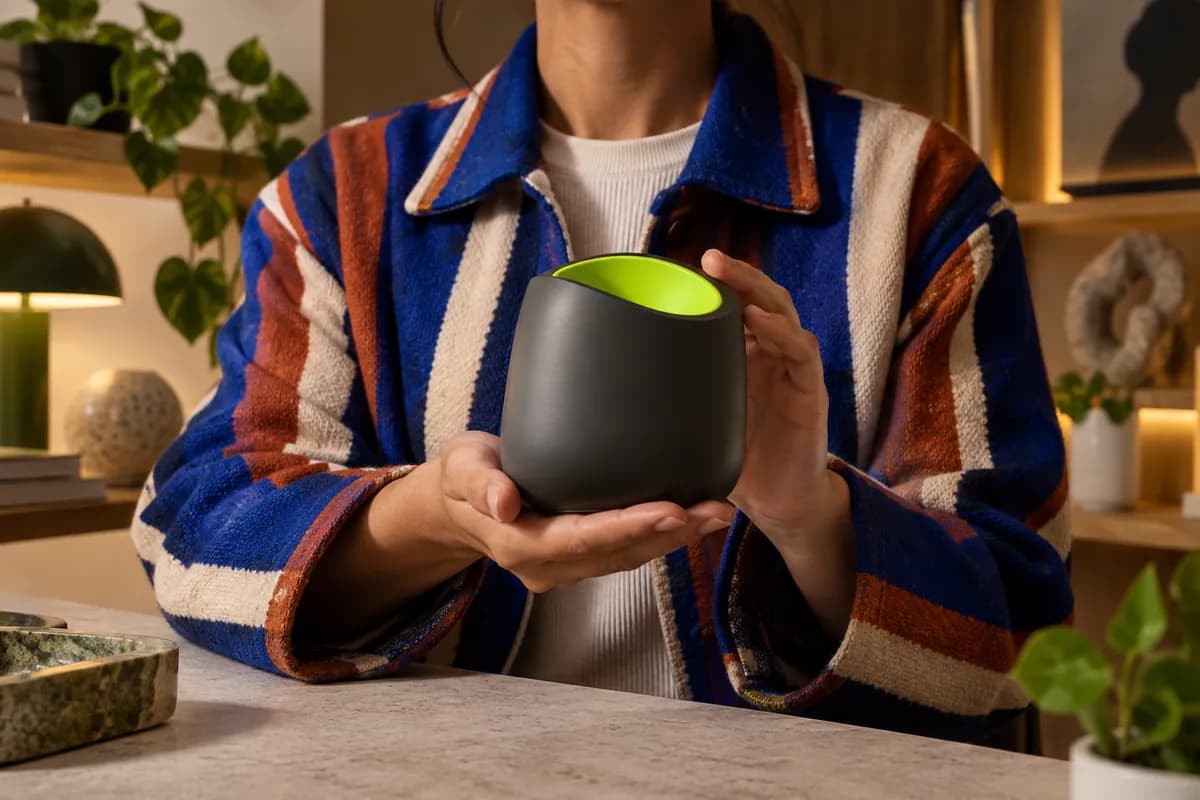 Cropped creator in a vivid striped jacket presenting a blank product object