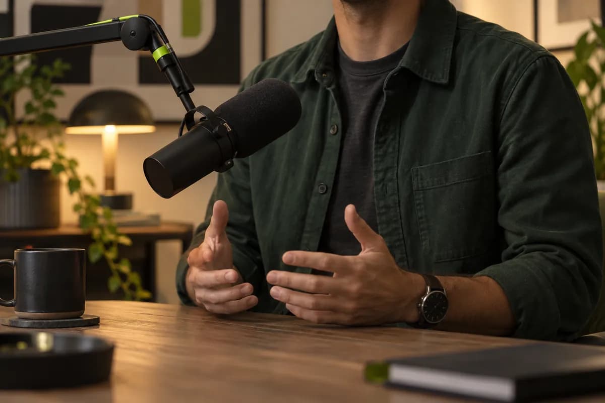 Cropped podcast host in a green jacket speaking into a black studio microphone
