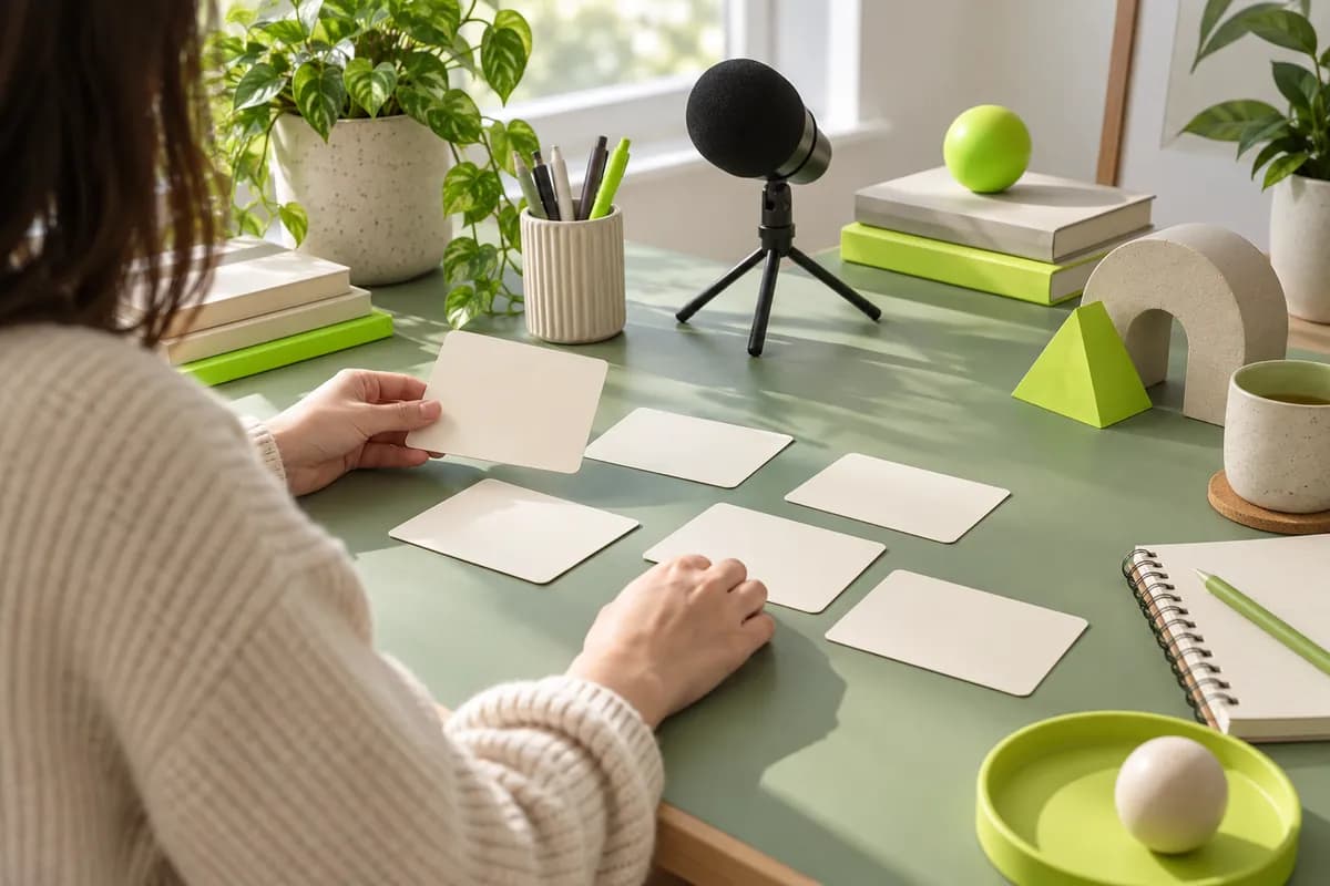 Hands arranging blank cards and studio objects for a visual lesson