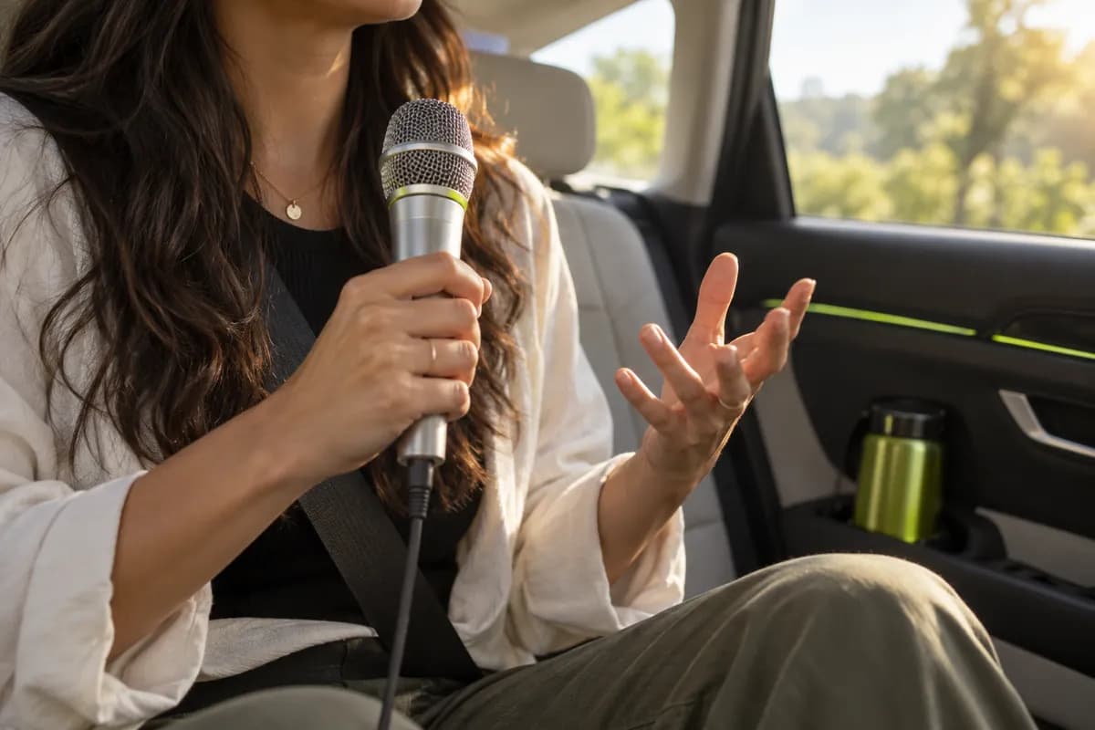 Cropped presenter holding a microphone inside a softly lit car interior