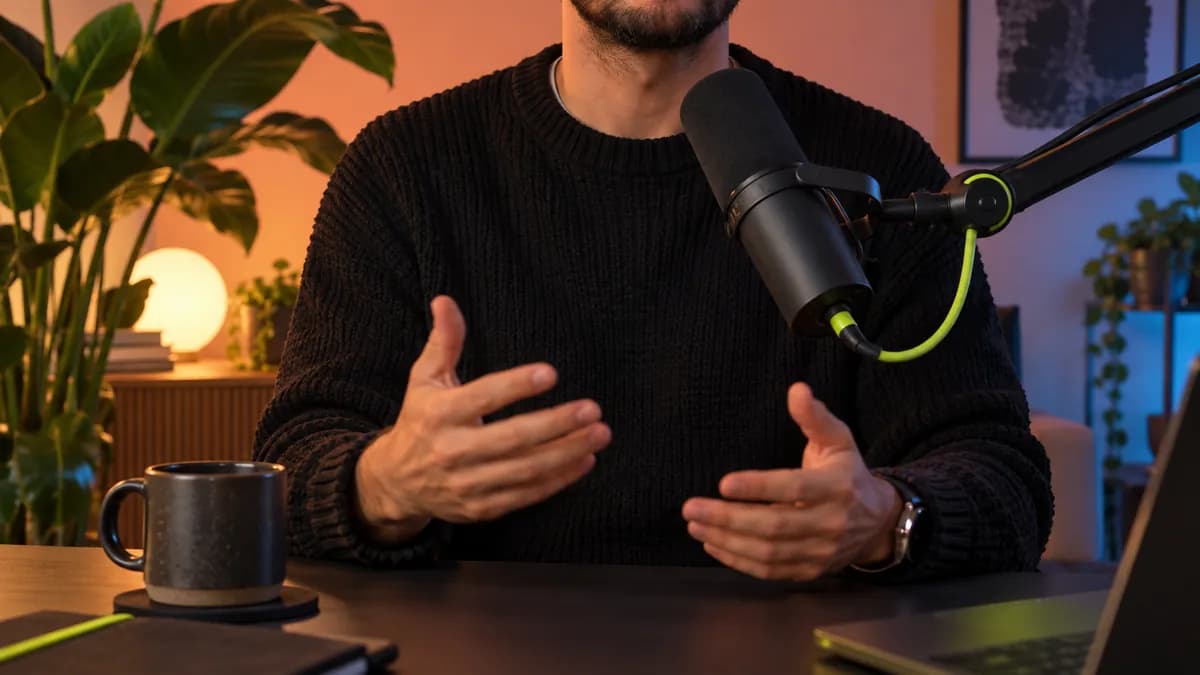 Cropped creator speaking into a microphone in a warm studio