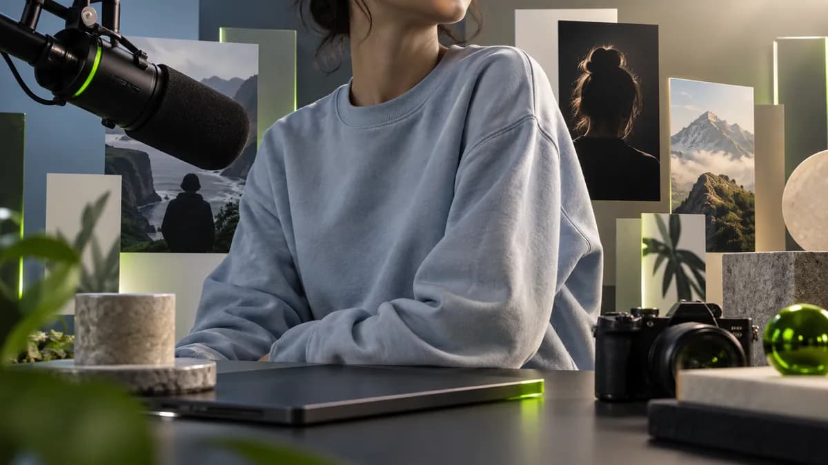 Abstract studio scene with a large microphone and layered character portraits