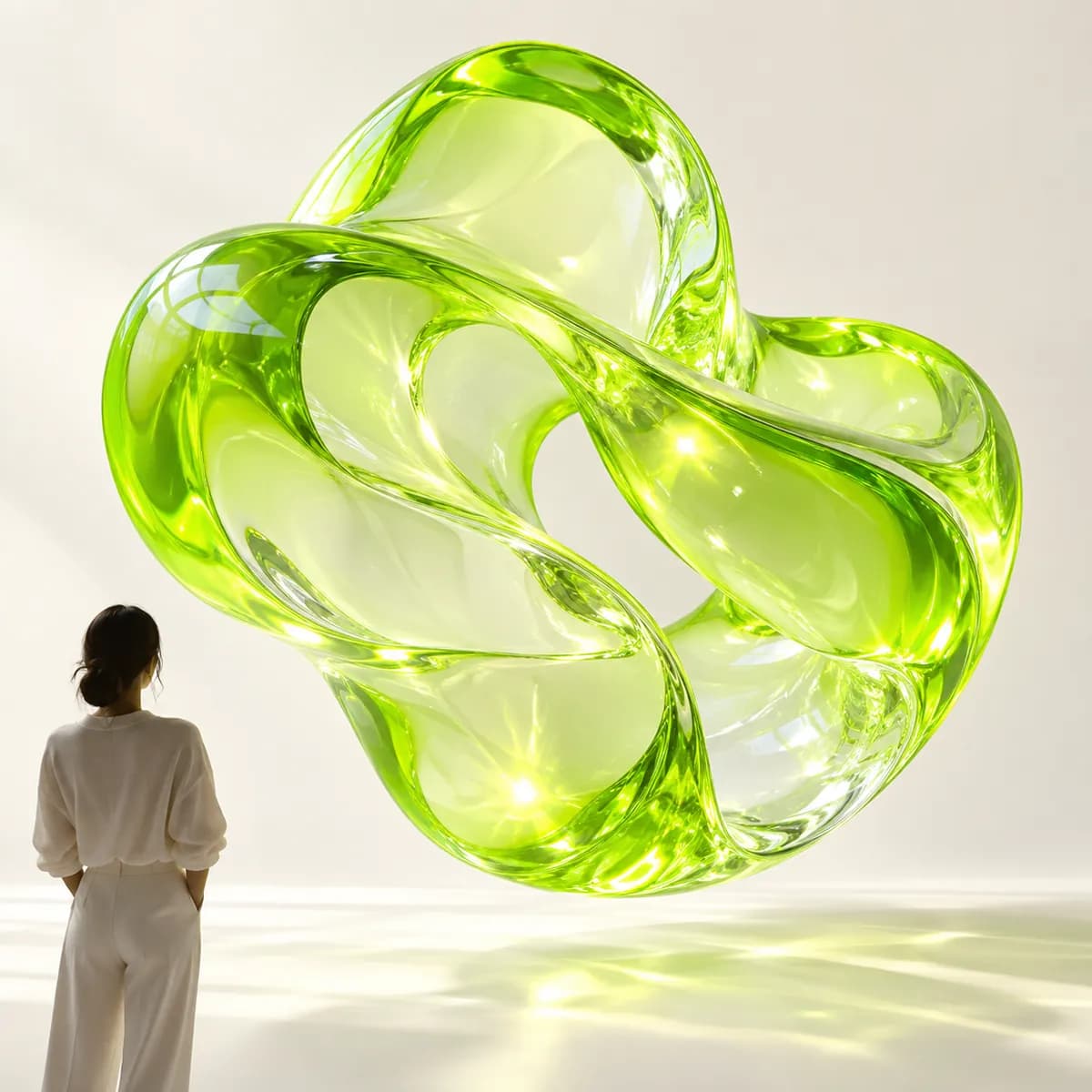Translucent lime glass abstract motion sculpture floating behind product feature cards