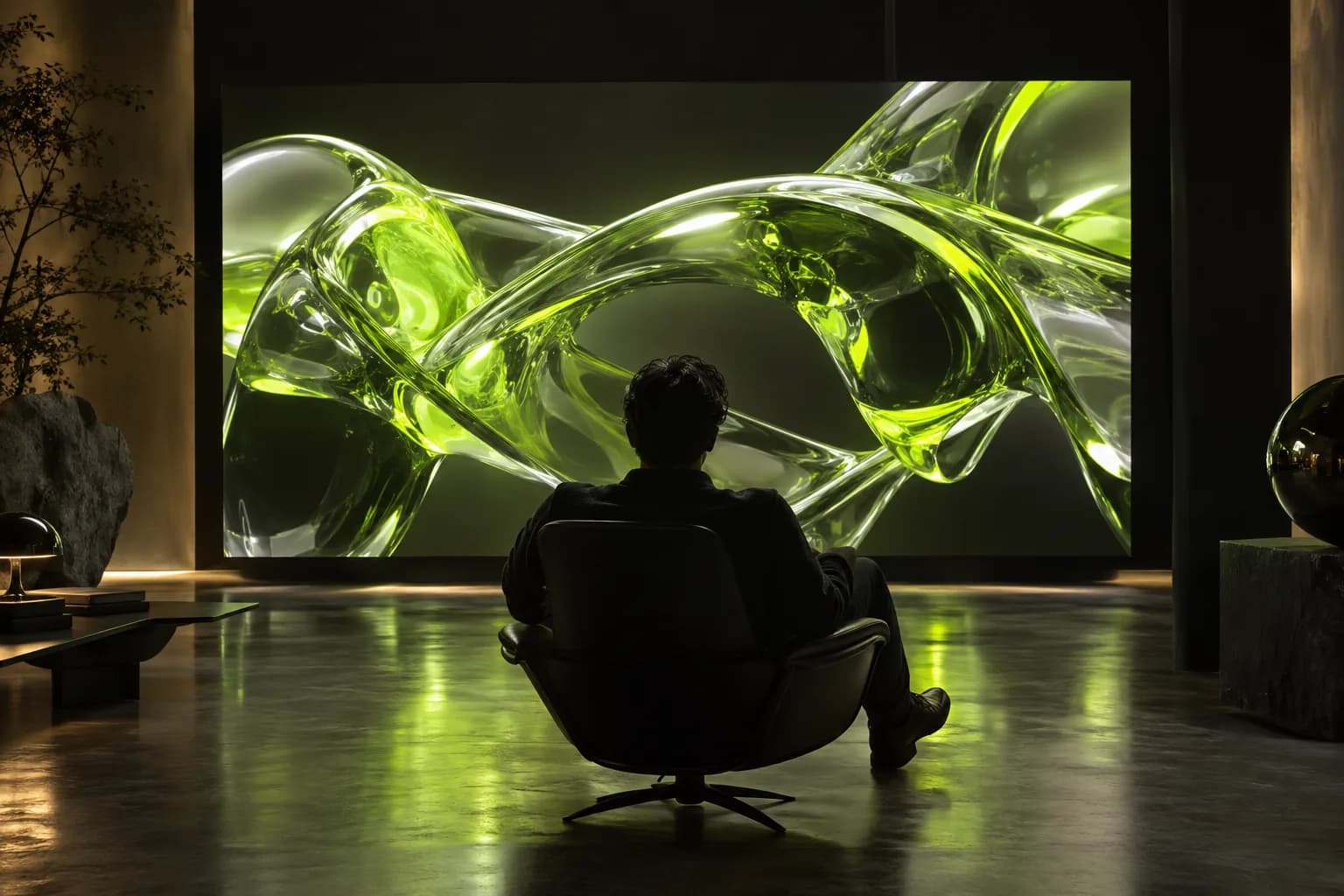 Abstract lime-lit creative studio scene with a silhouetted operator facing a glowing video render